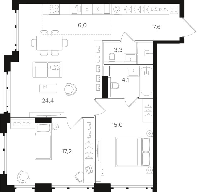 3 ккв (Евро) 77,6 м²