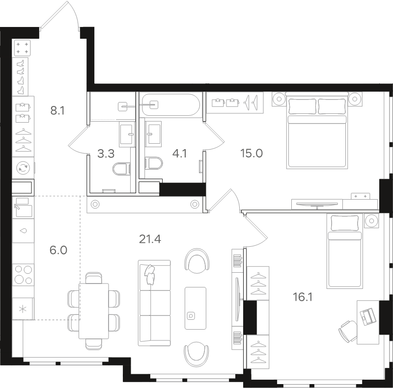 3 ккв (Евро) 74 м²