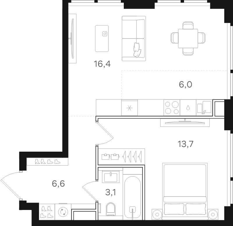 2 ккв (Евро) 45,8 м²