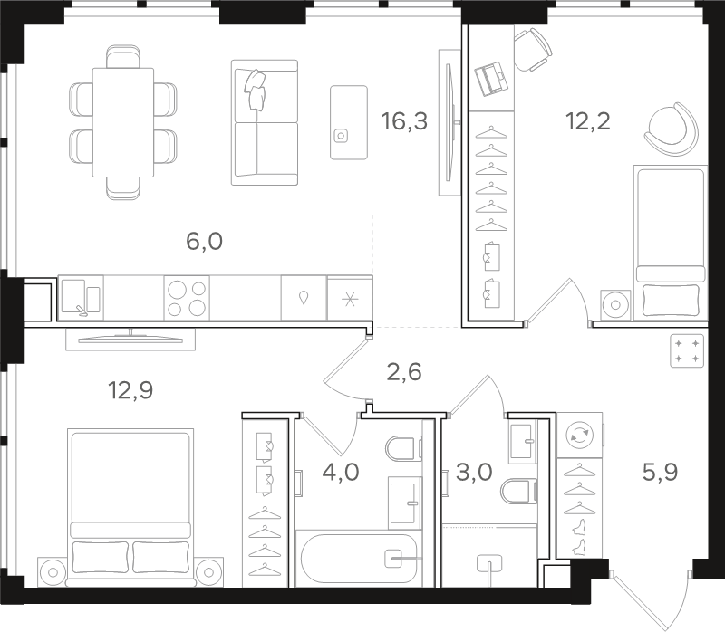 3 ккв (Евро) 62,9 м²