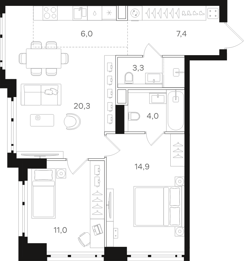3 ккв (Евро) 66,9 м²