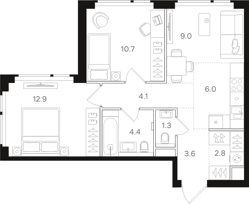 3 ккв (Евро) 54,8 м²