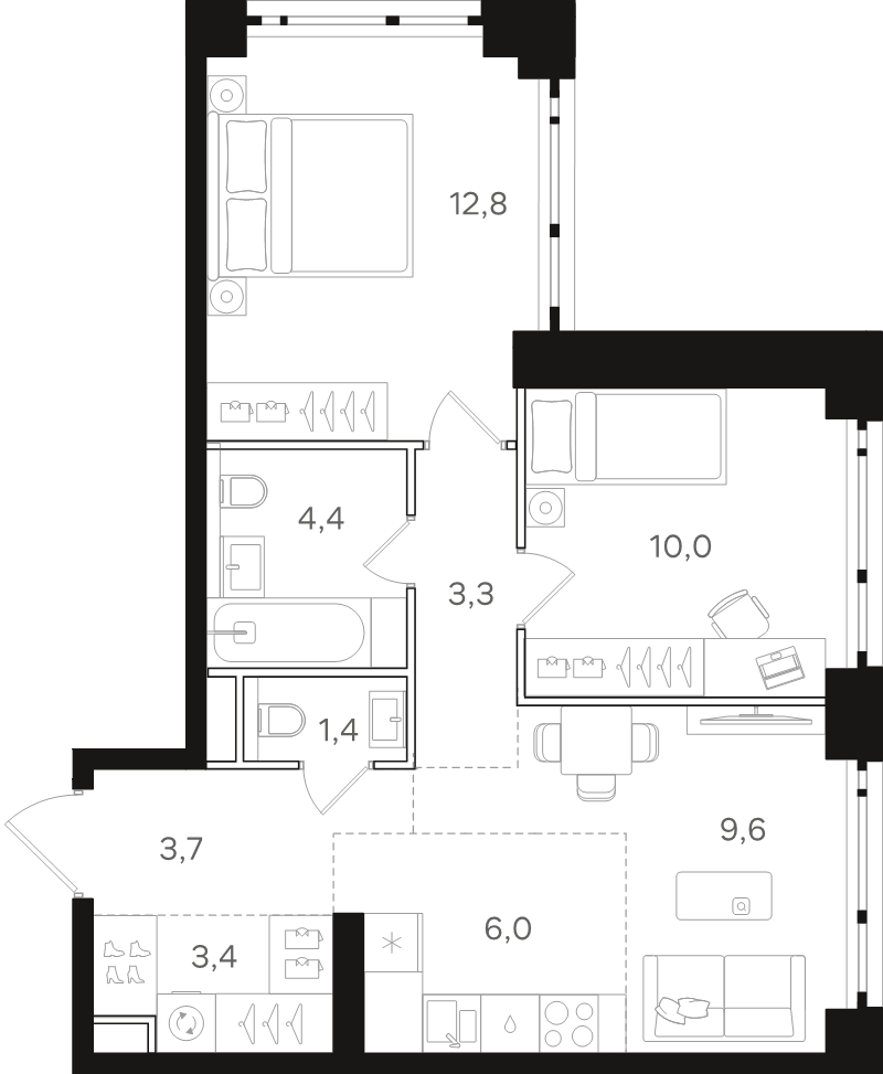 3 ккв (Евро) 54,6 м²