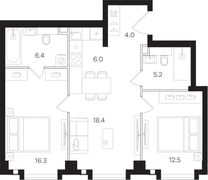 3 ккв (Евро) 68,8 м²