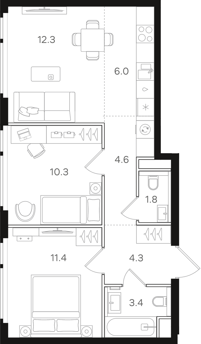 3 ккв (Евро) 54,1 м²