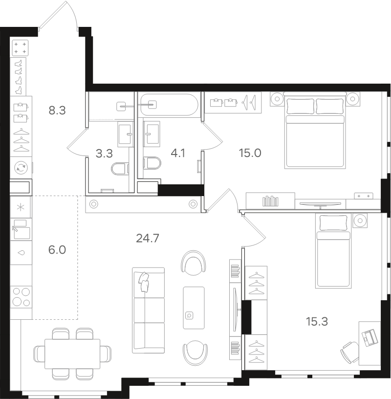 3 ккв (Евро) 76,7 м²