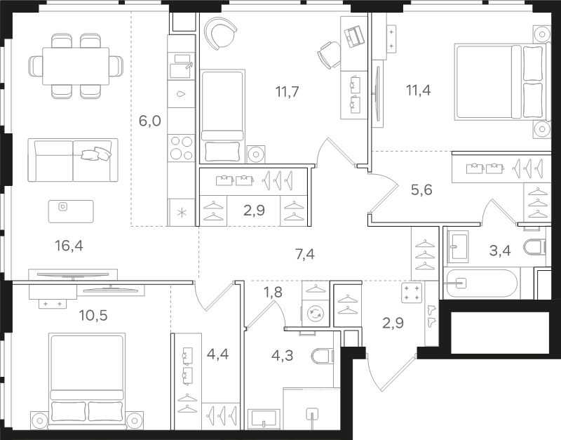 4 ккв (Евро) 88,7 м²