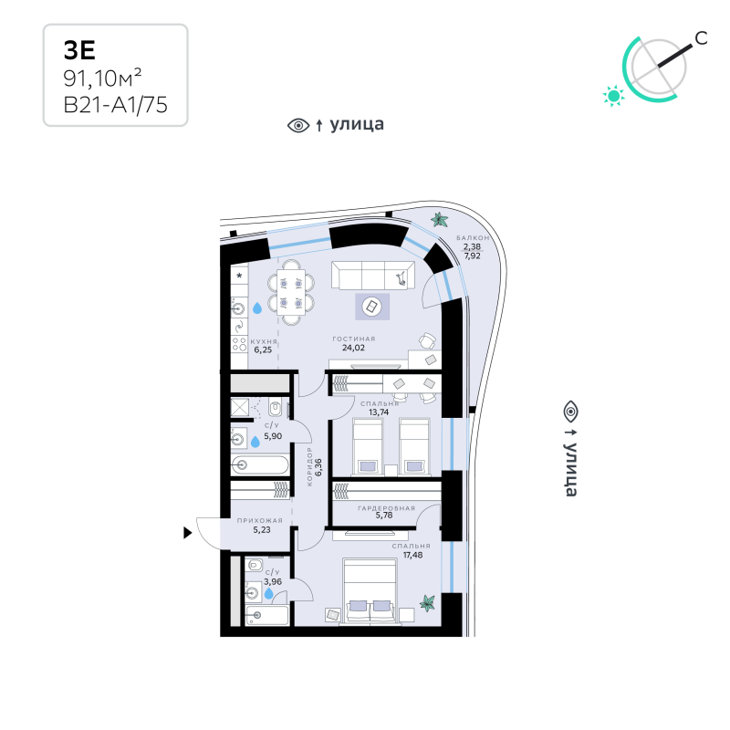3 ккв (Евро) 91,1 м²
