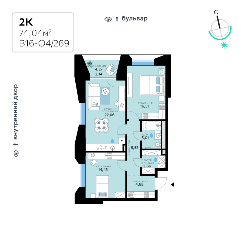 3 ккв (Евро) 74 м²