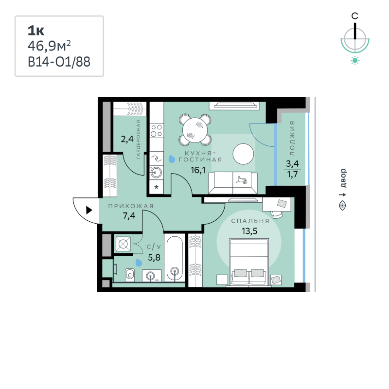 2 ккв (Евро) 46,9 м²