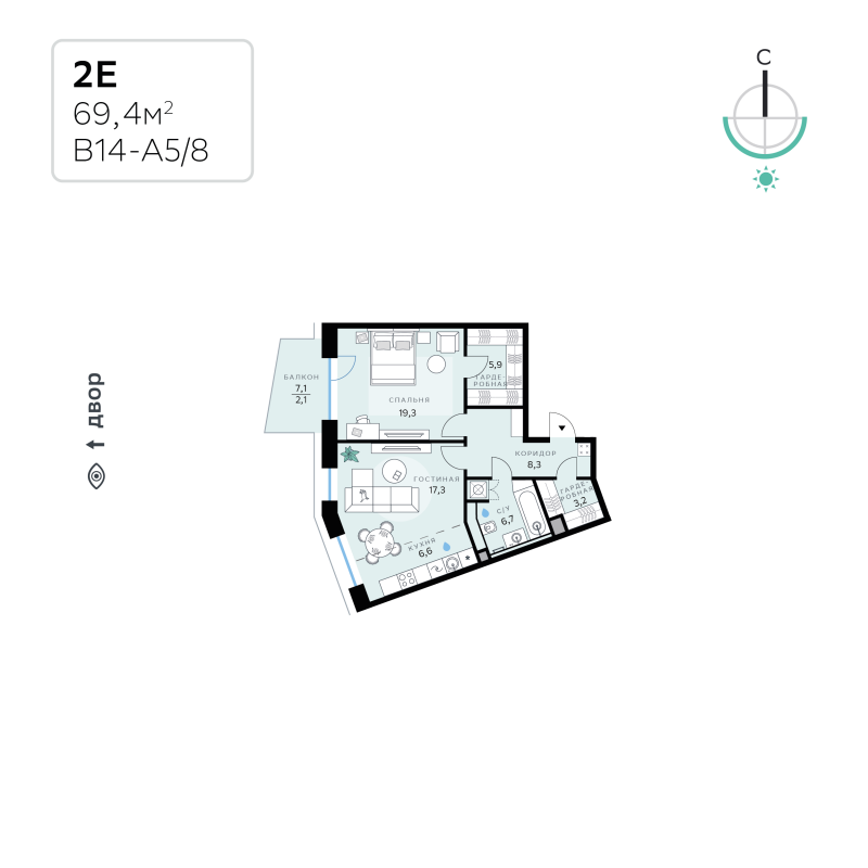 2 ккв (Евро) 69,4 м²