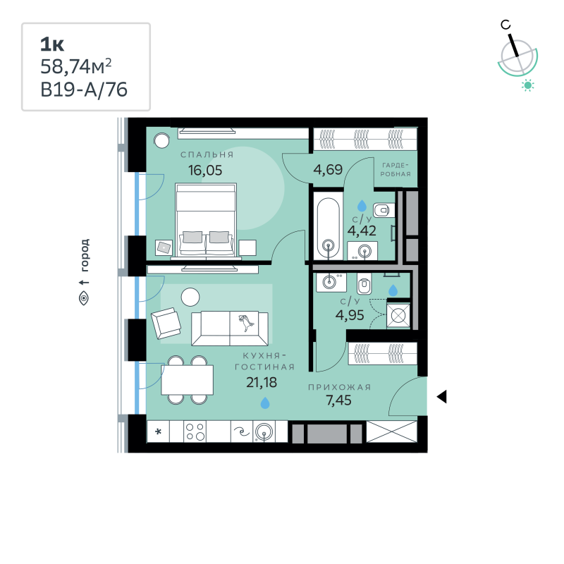 2 ккв (Евро) 58,7 м²