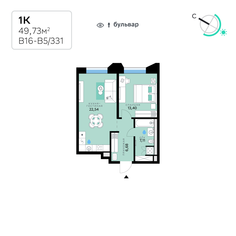 2 ккв (Евро) 49,7 м²