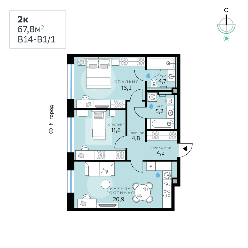 3 ккв (Евро) 67,8 м²