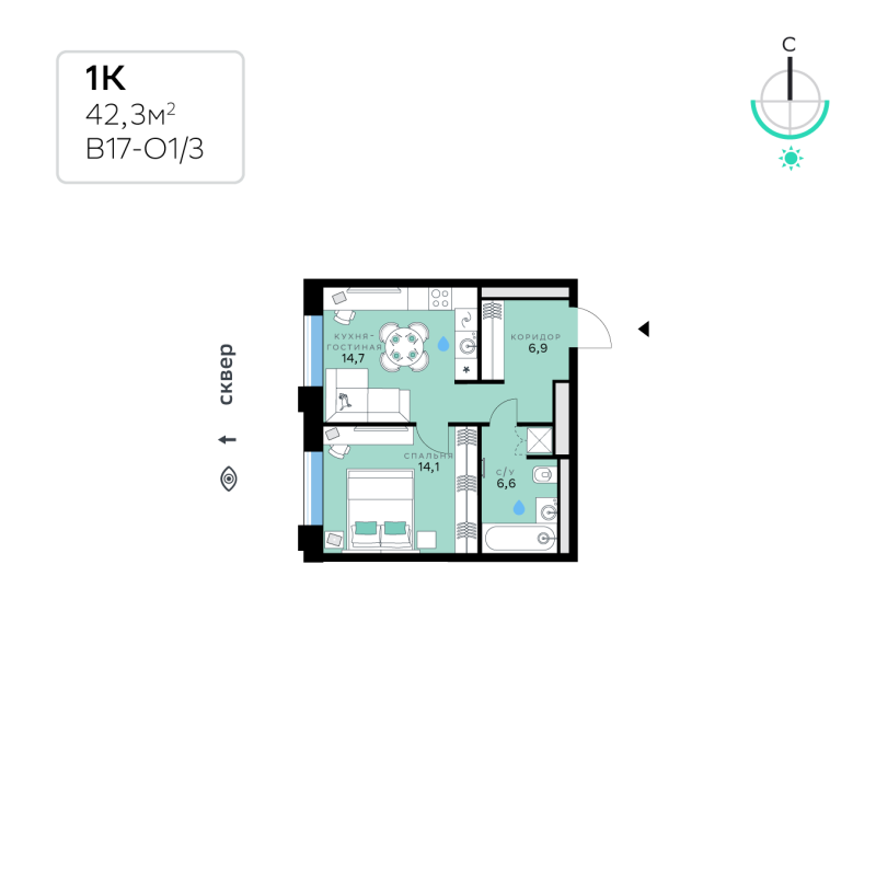1 ккв 42,3 м²