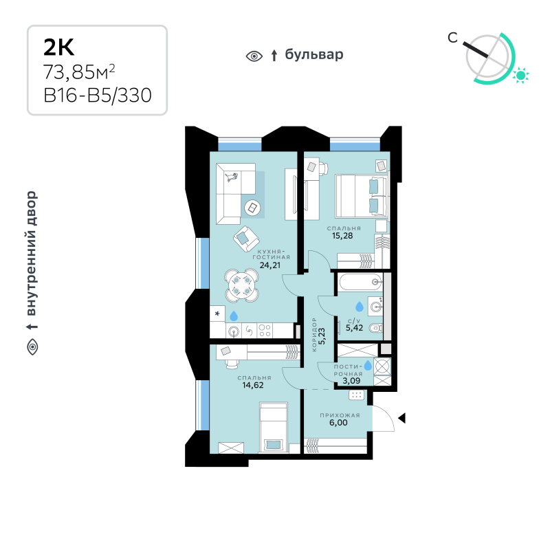 3 ккв (Евро) 73,9 м²