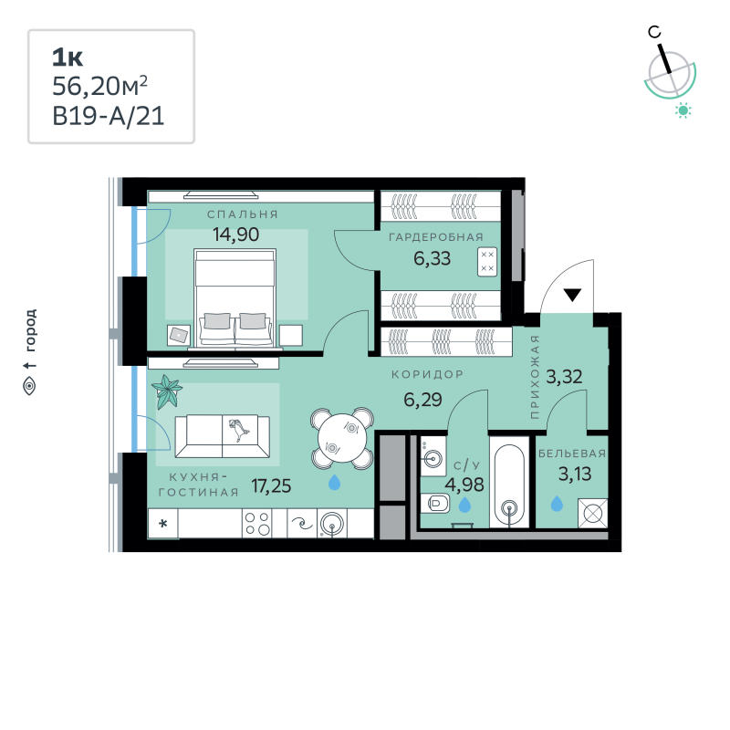 2 ккв (Евро) 56,2 м²