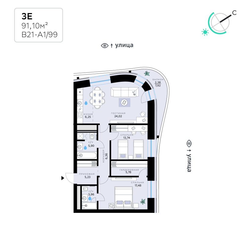 3 ккв (Евро) 91,1 м²