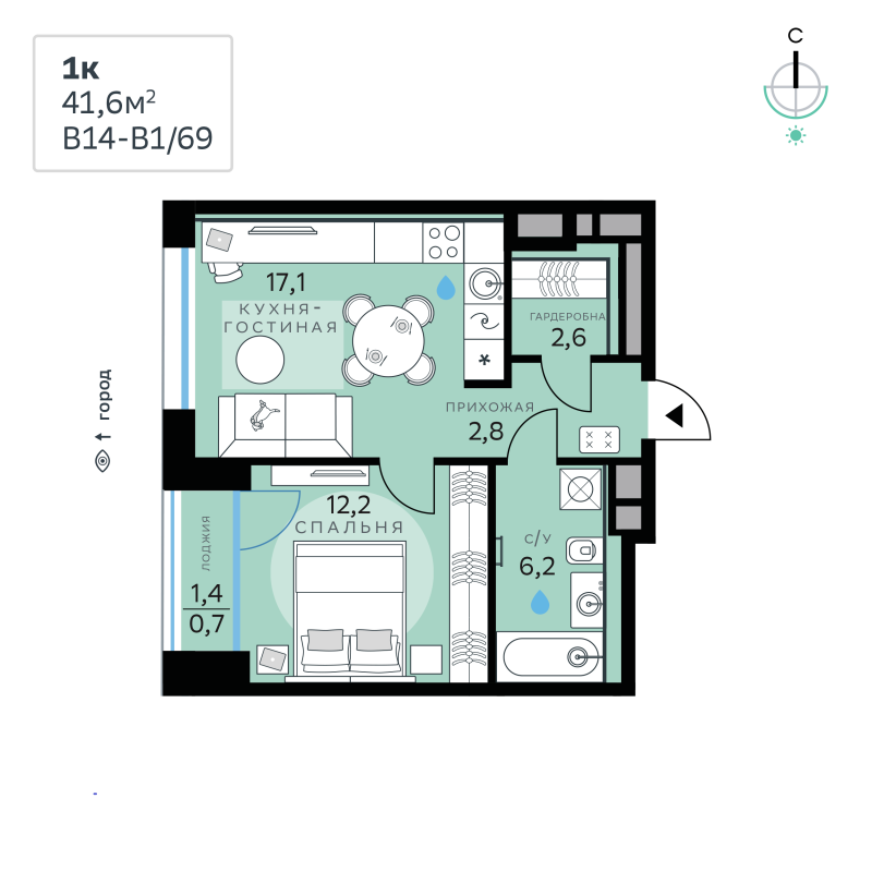 2 ккв (Евро) 41,6 м²