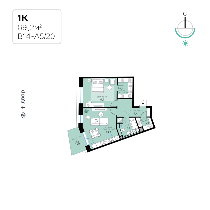 2 ккв (Евро) 69,2 м²