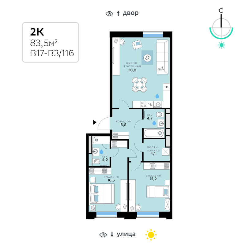 3 ккв (Евро) 83,5 м²
