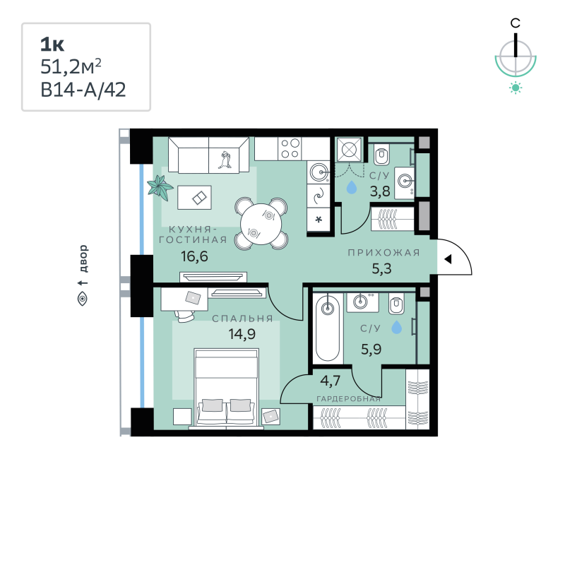 2 ккв (Евро) 51,2 м²