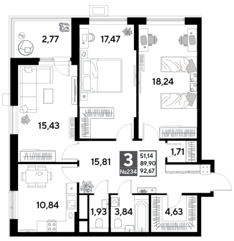 3 ккв 92,7 м²