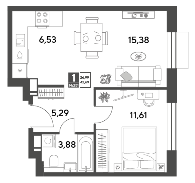 2 ккв (Евро) 42,7 м²