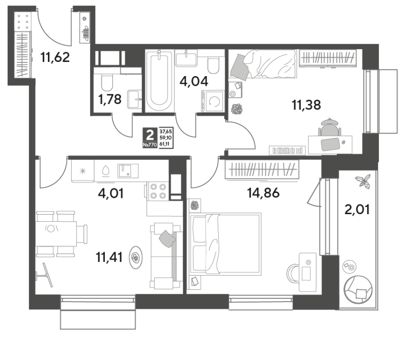 3 ккв (Евро) 61,1 м²