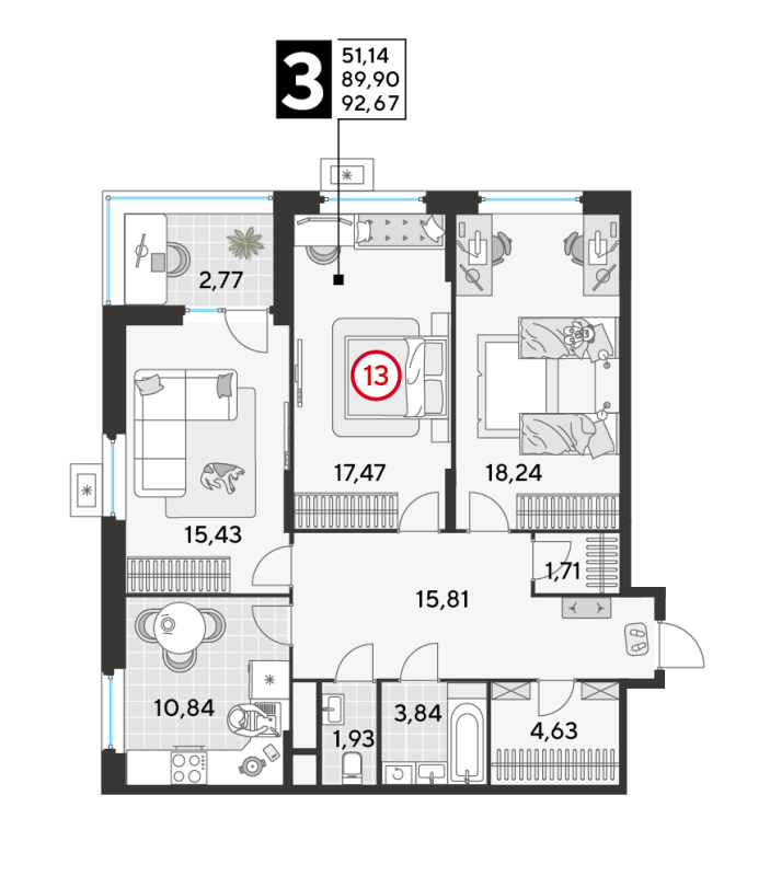 3 ккв 92,7 м²