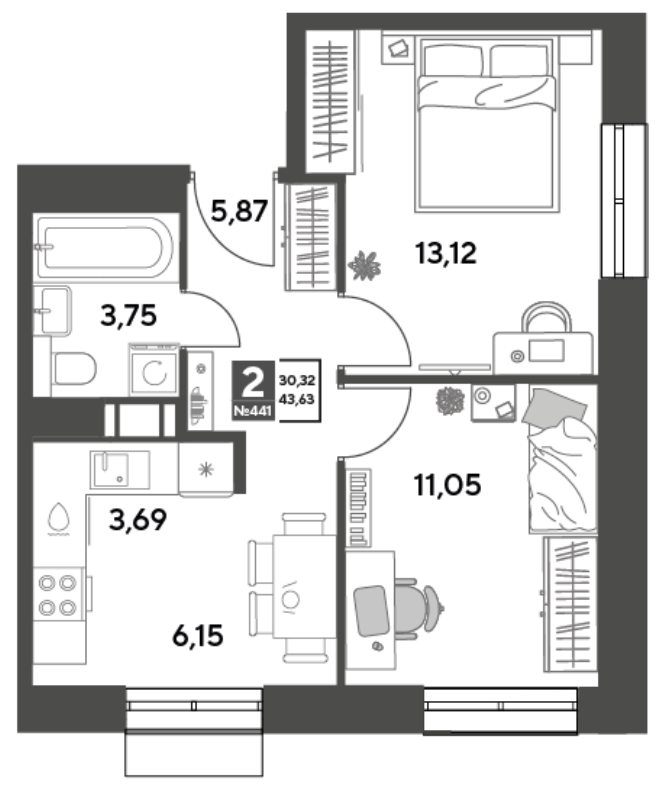 2 ккв 43,6 м²