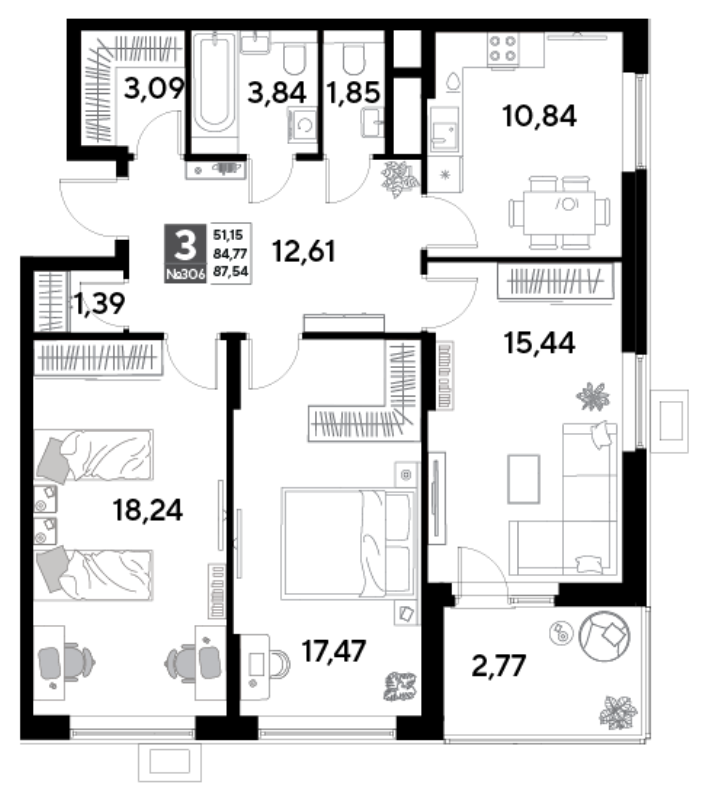 3 ккв 87,5 м²