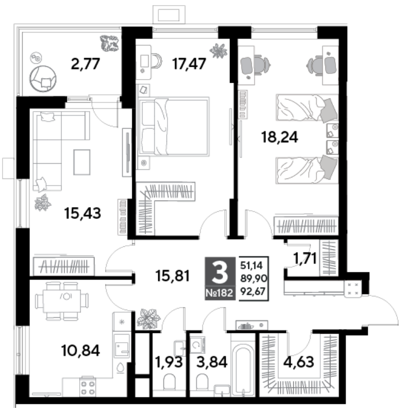3 ккв 92,7 м²