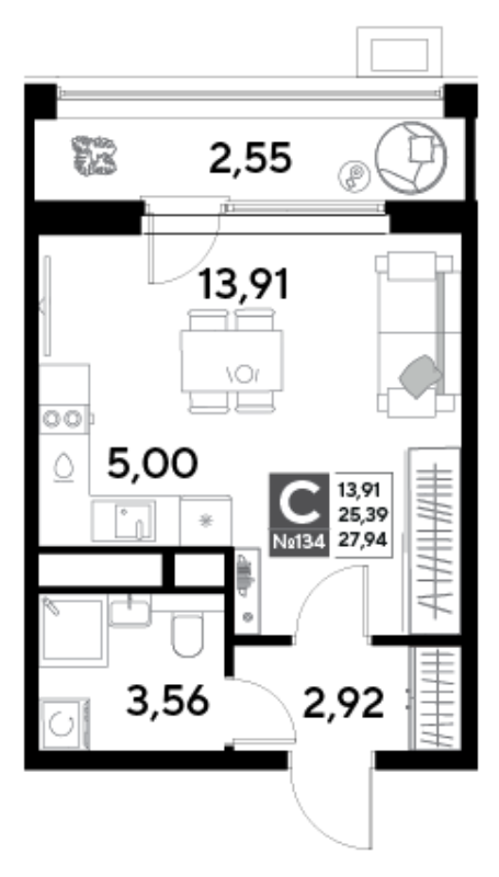 Студия 27,9 м²