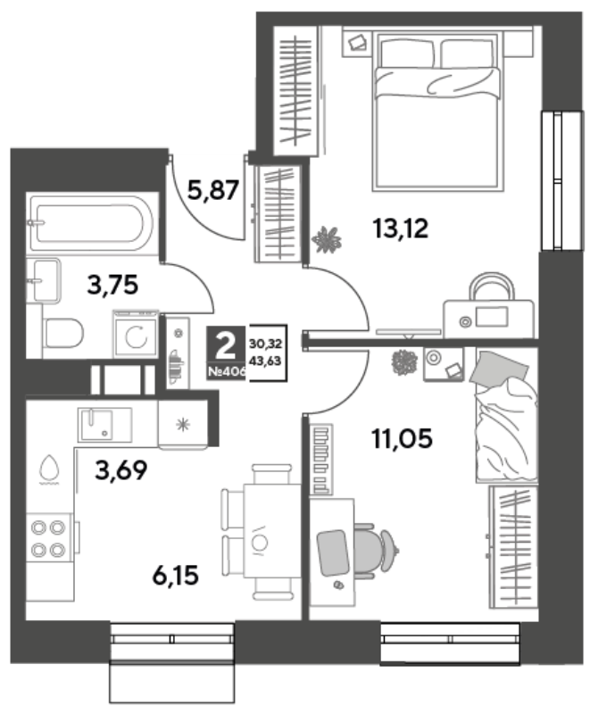 2 ккв 43,6 м²