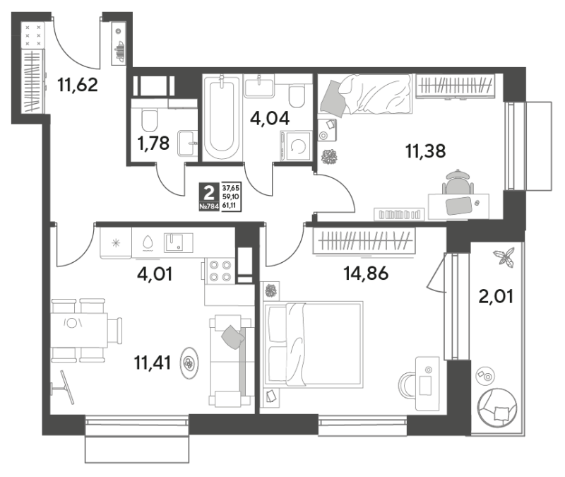 3 ккв (Евро) 61,1 м²