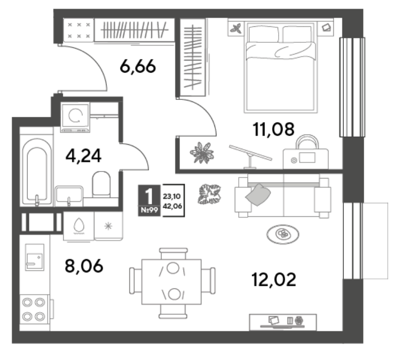 2 ккв (Евро) 42,1 м²