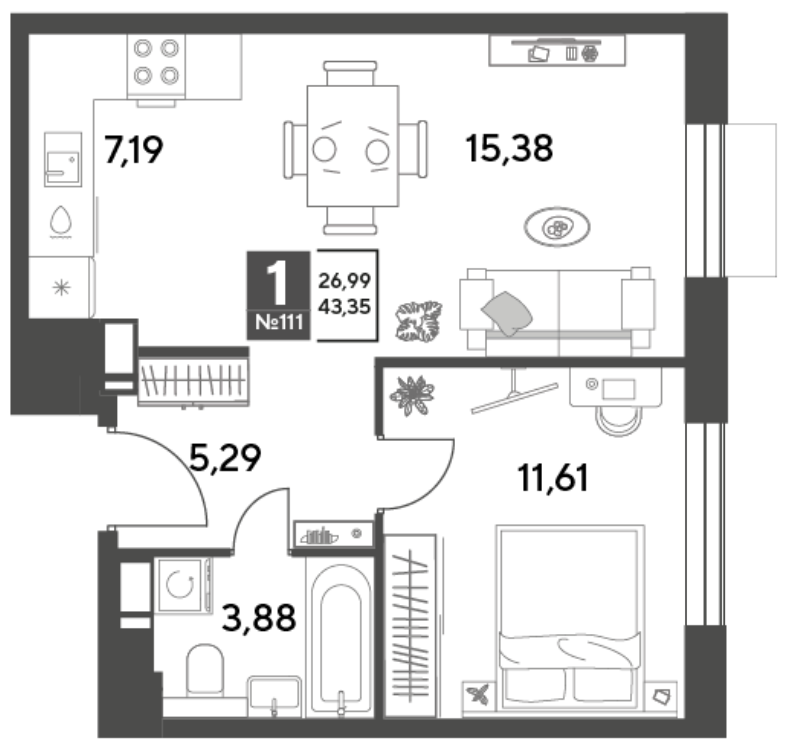 2 ккв (Евро) 43,4 м²