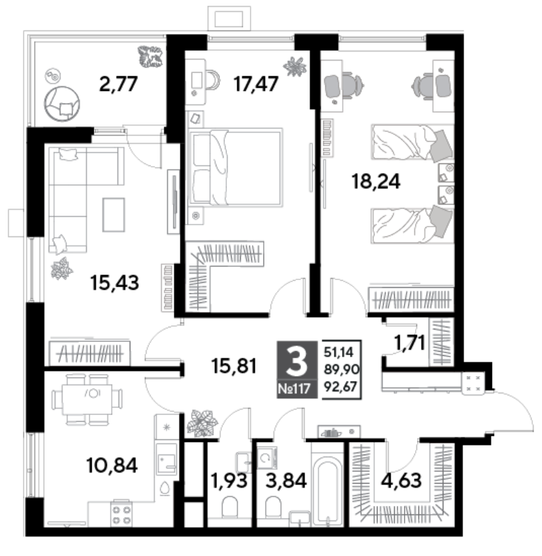 3 ккв 92,7 м²