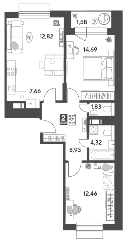 3 ккв (Евро) 64,3 м²