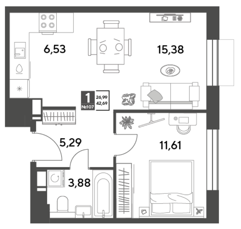 2 ккв (Евро) 42,7 м²