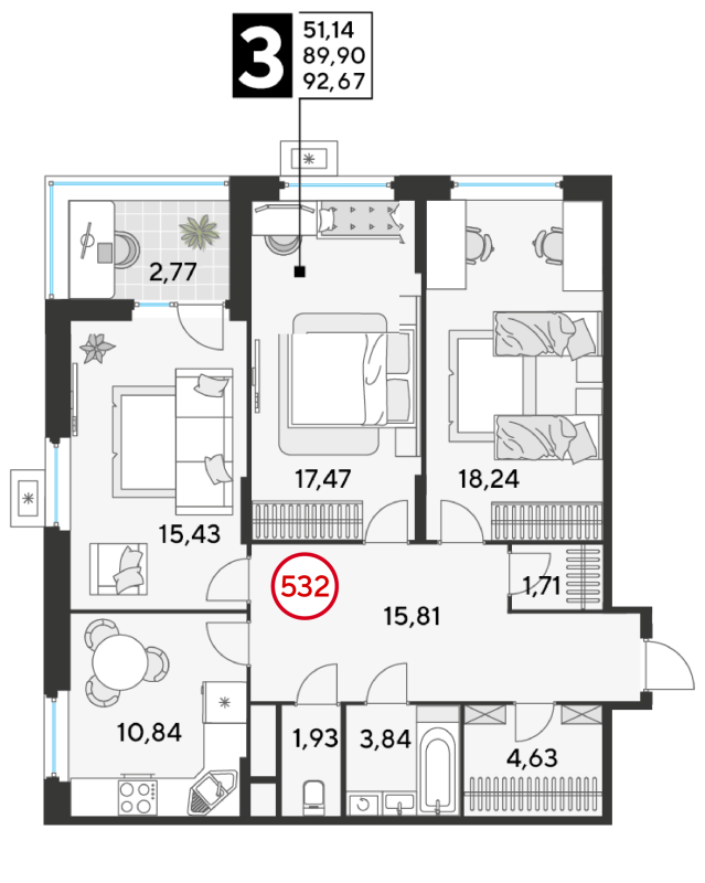 3 ккв 92,7 м²