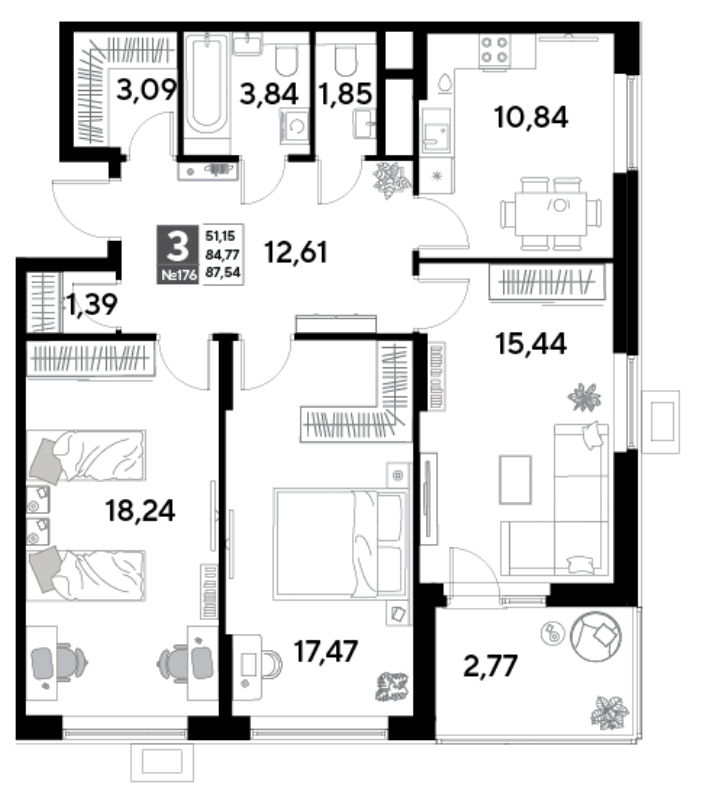 3 ккв 87,5 м²
