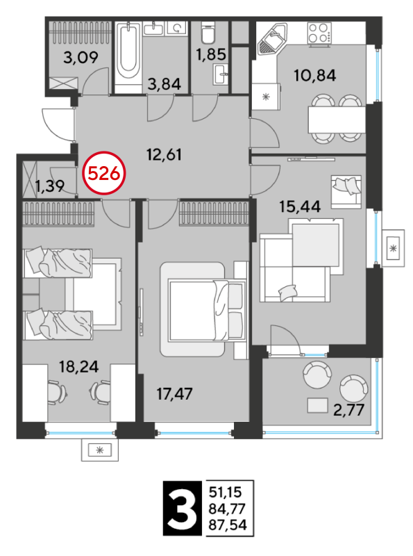 3 ккв 87,5 м²