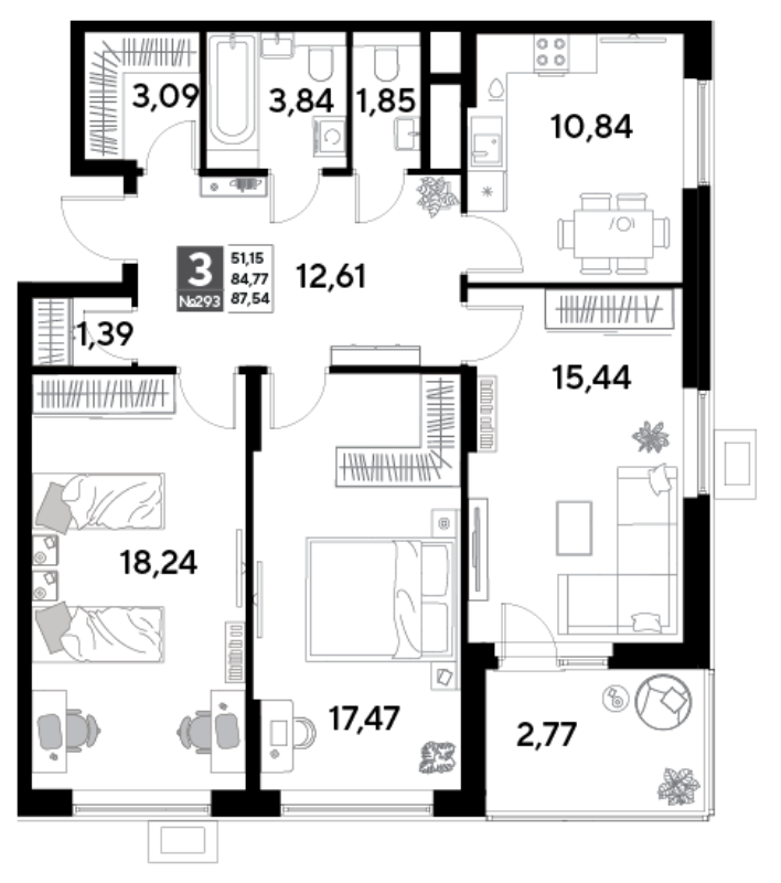 3 ккв 87,5 м²