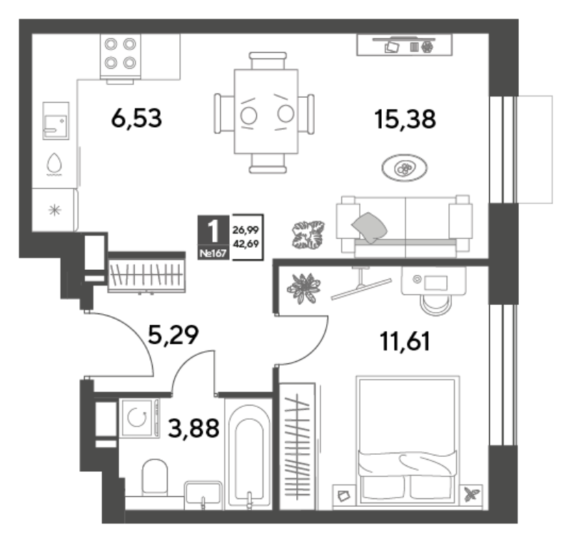 2 ккв (Евро) 42,7 м²