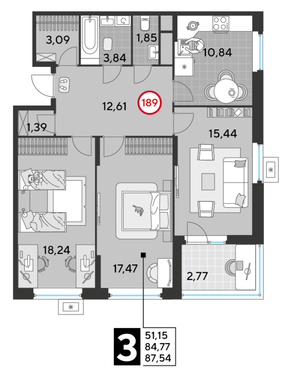 3 ккв 87,5 м²