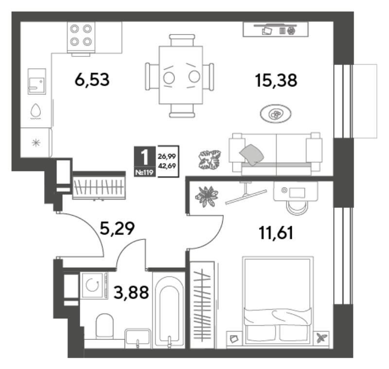2 ккв (Евро) 42,7 м²