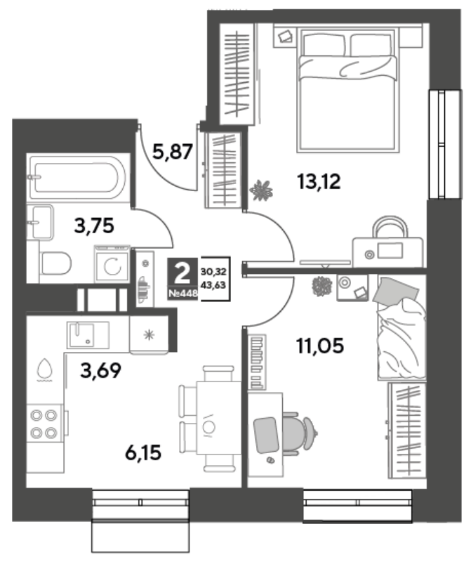 2 ккв 43,6 м²