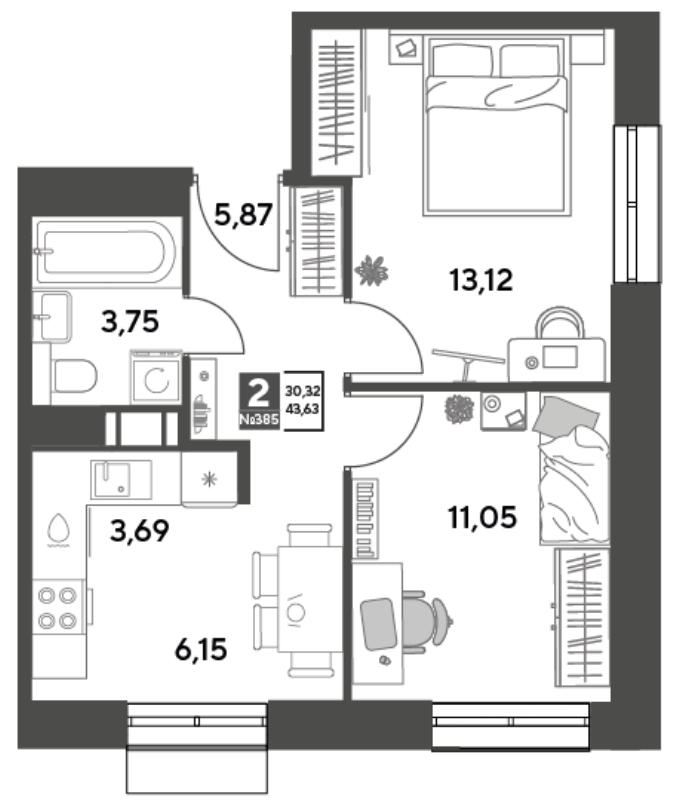 2 ккв 43,6 м²